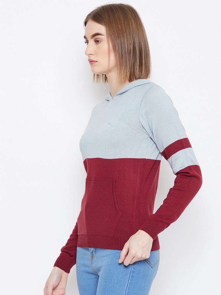JUMP USA Women Blue & Red Colourblocked Hooded Sweater - JUMP USA
