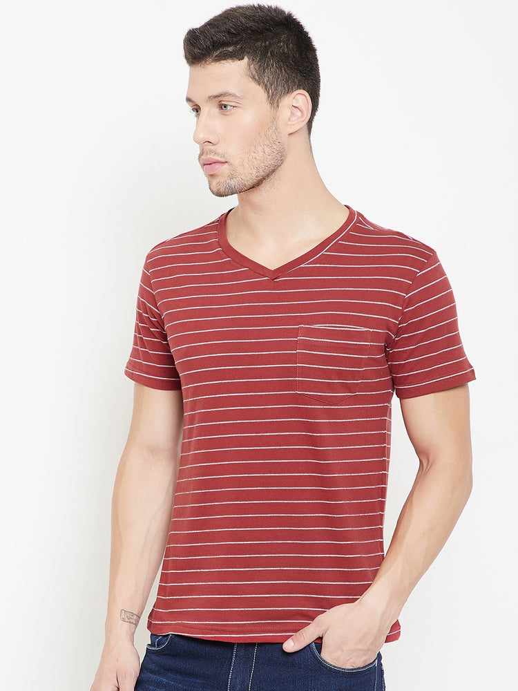 JUMP USA Men Red Striped V-neck T-shirt - JUMP USA