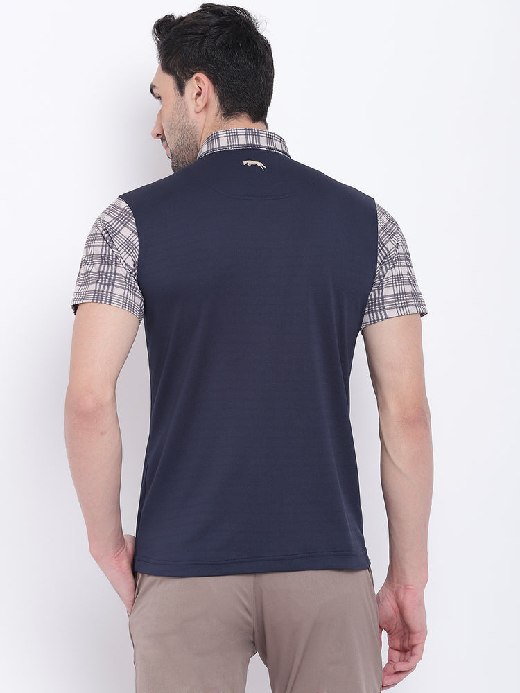 Men Casual Solid Navy Blue Polo Collar T-Shirt - JUMP USA