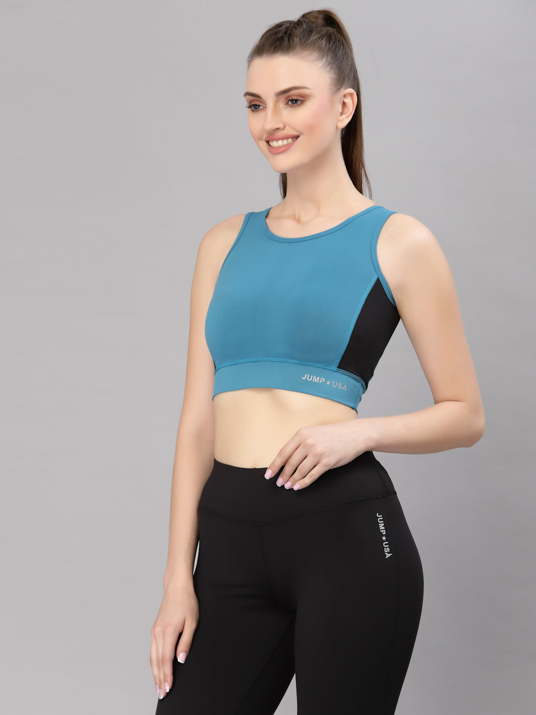 JUMP USA Black & Teal Solid Non-Wired Non Padded Rapid-Dry Training Sports Bra