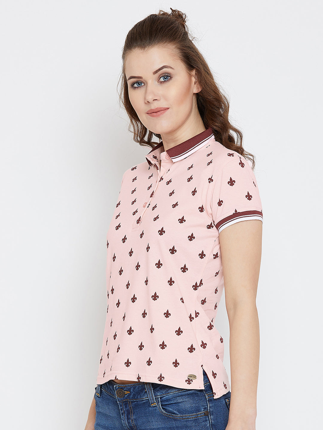 JUMP USA Women Pink Printed Polo Collar T-Shirt - JUMP USA