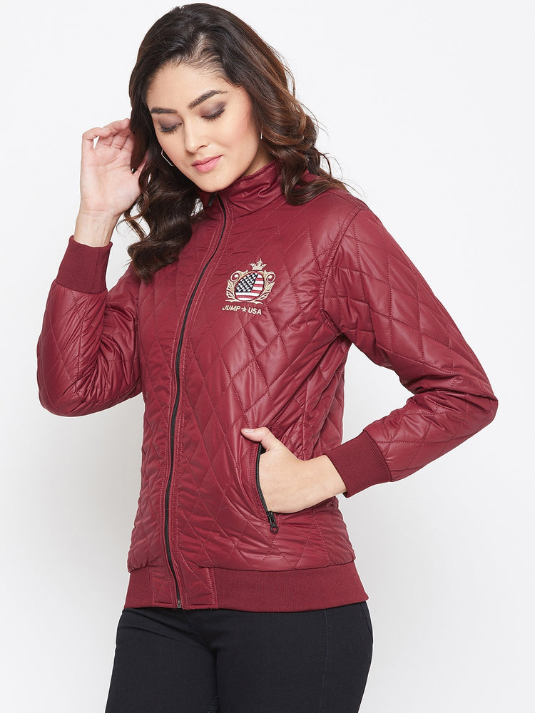 JUMP USA Women Maroon Self Design Jacket - JUMP USA