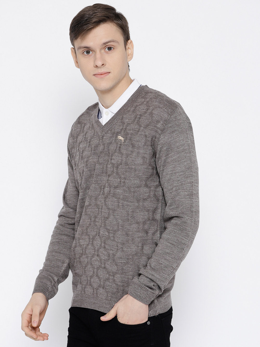 Men Beige self Design Pullover - JUMP USA
