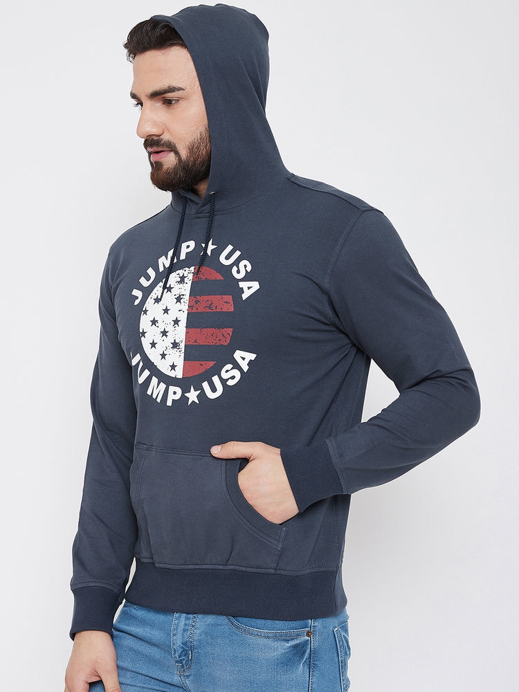 JUMP USA Men Navy Blue Self Design Hooded Sweatshirt - JUMP USA