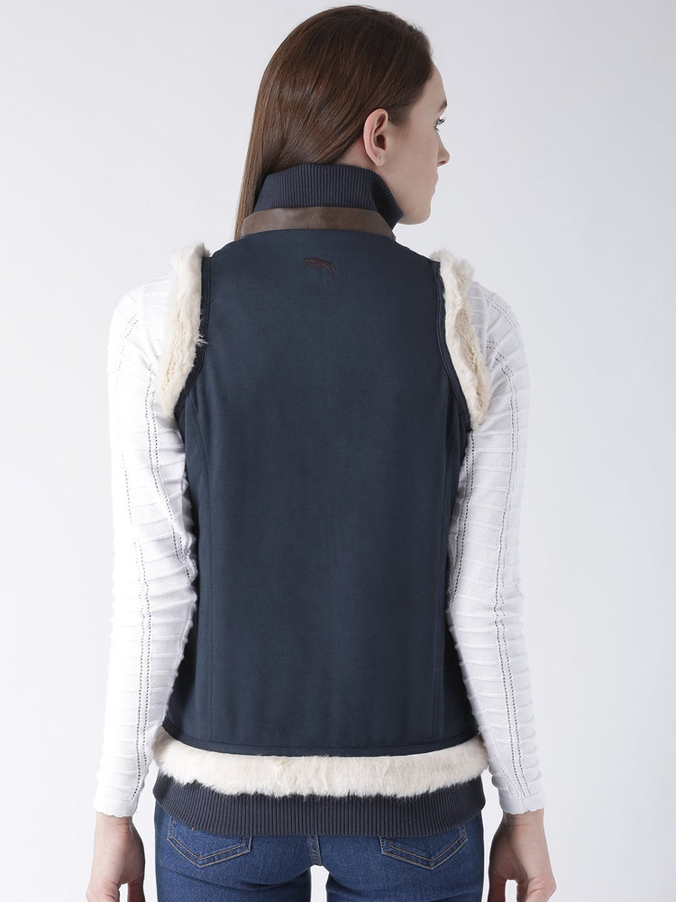 Women Polyster Casual Sleeveless Navy Winter Jacket - JUMP USA (1568776388650)