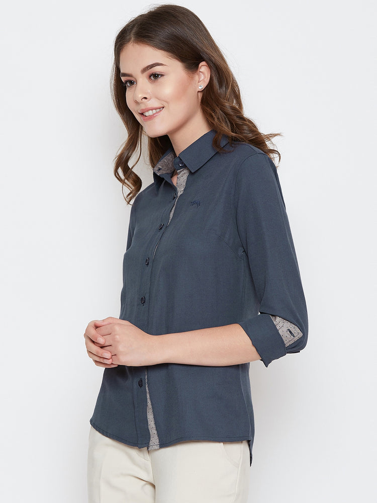 Women Navy Blue Solid Casual Slim Fit Shirt - JUMP USA