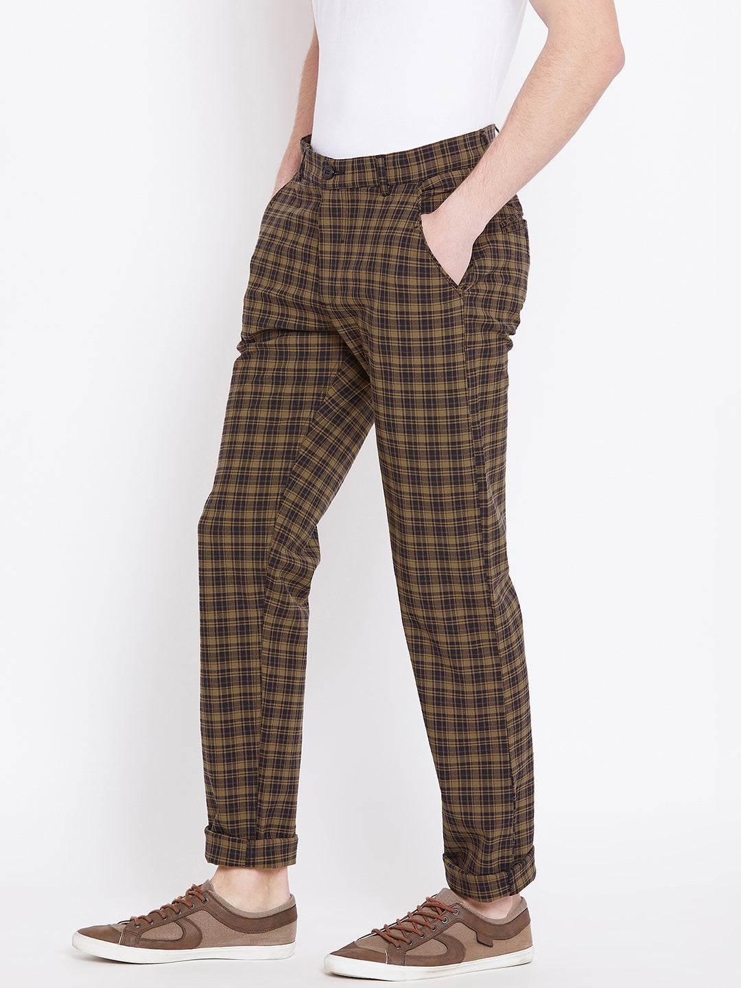 Men Brown Checked Casual Regular Fit Trousers - JUMP USA