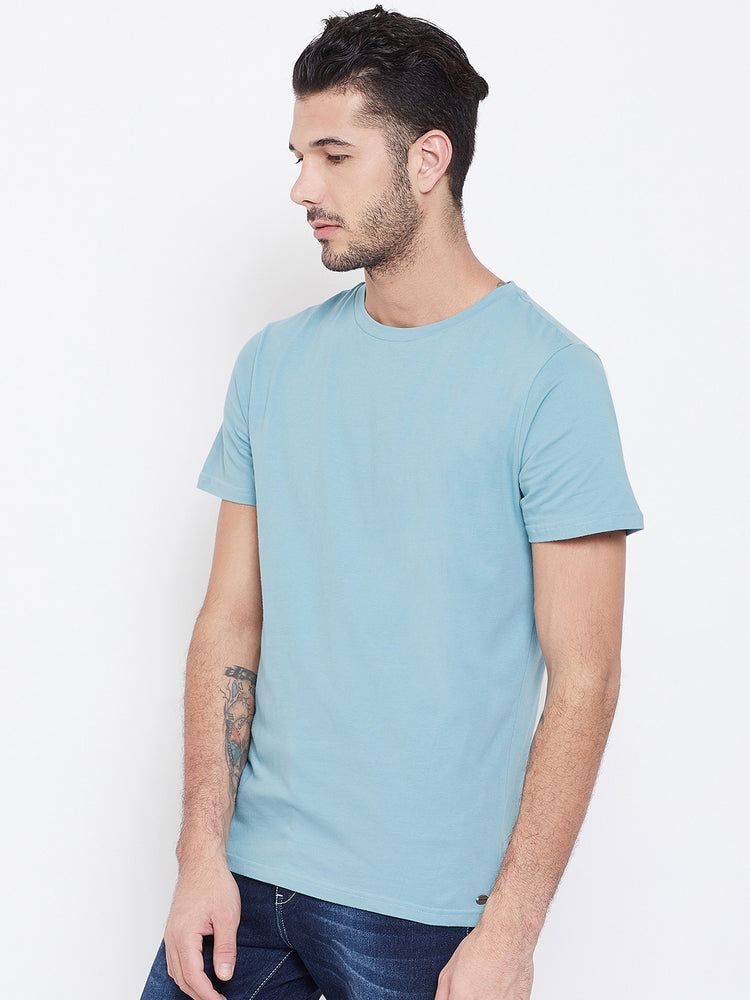 Men Blue Solid Round Neck T-shirt - JUMP USA
