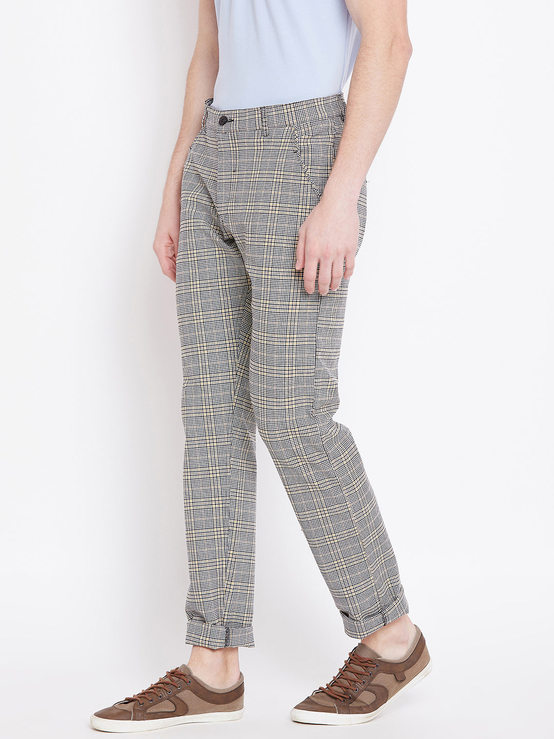 Men Grey Checked Casual Regular Fit Trousers - JUMP USA