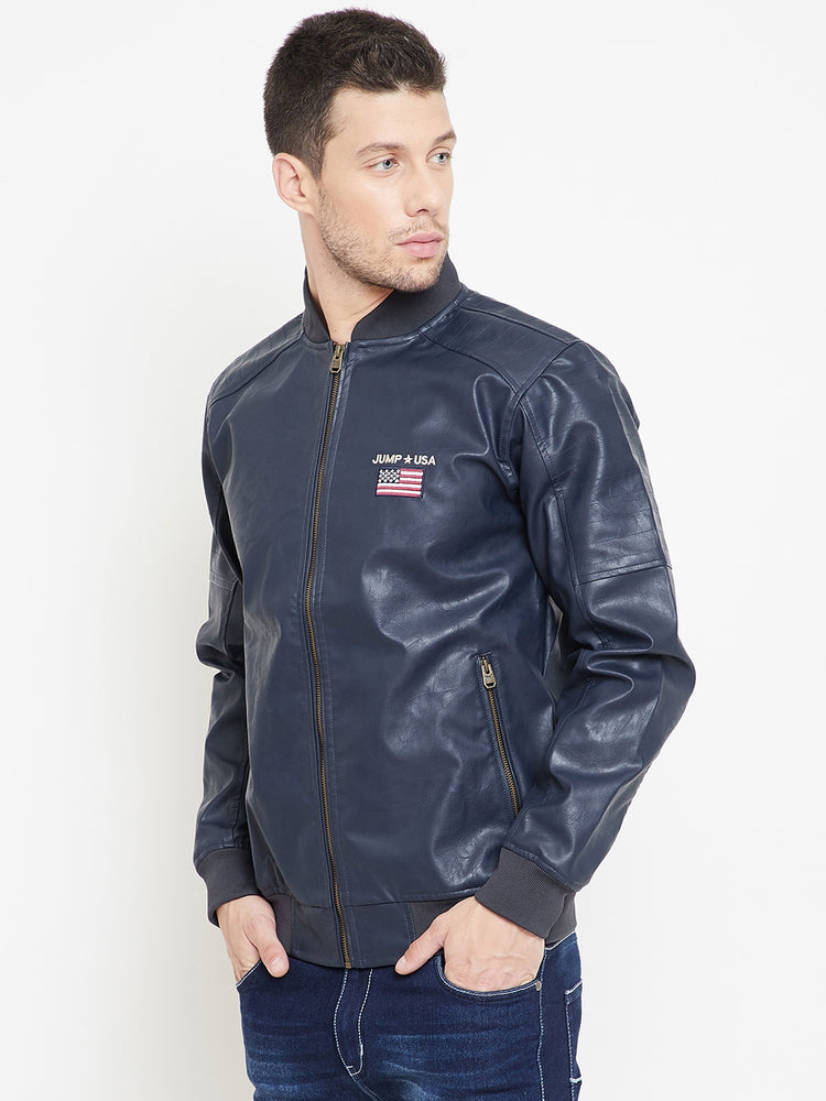 JUMP USA Navy Solid Casual PU Leather Varsity Jacket - JUMP USA