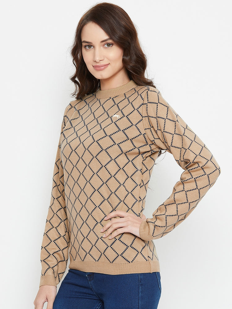 Women Safari & Navy Blue Acrylic Checked Sweater - JUMP USA