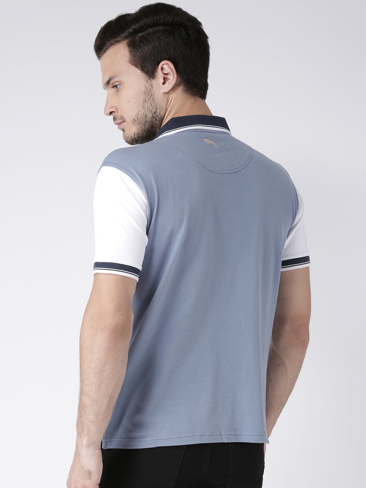 Men Casual Solid Blue Polo Collar T-Shirt - JUMP USA