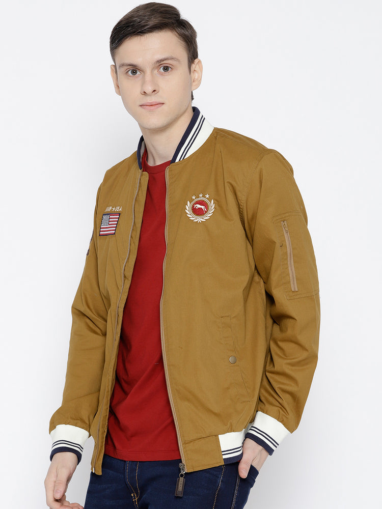 Men Khaki Solid Bomber Jacket - JUMP USA