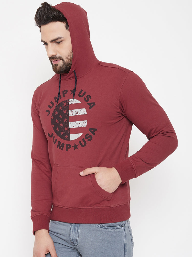 JUMP USA Men Red Self Design Hooded Pullover Sweatshirt - JUMP USA