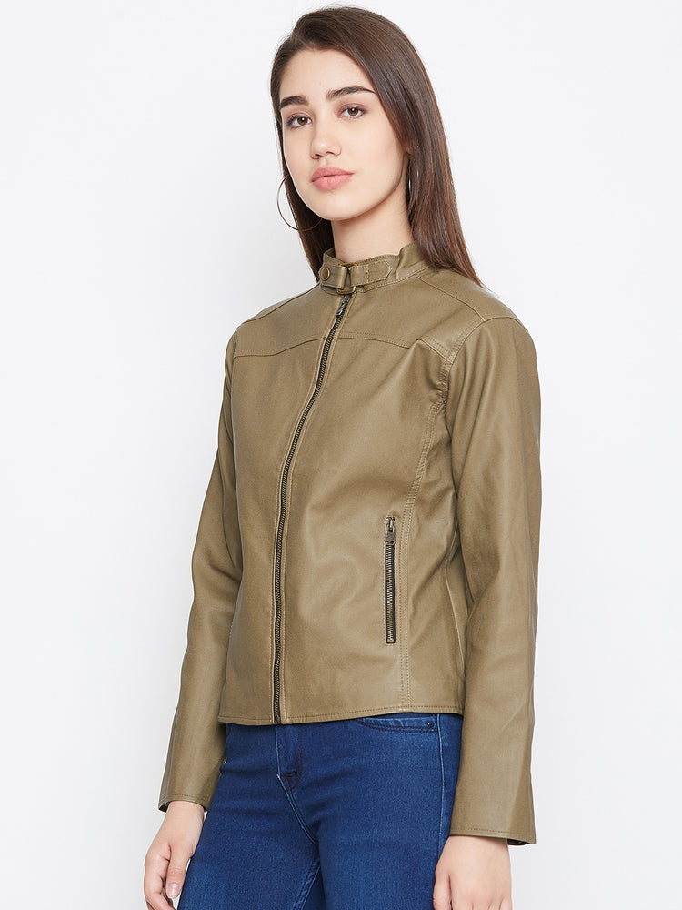 JUMP USA Women Khaki Solid Biker Jacket - JUMP USA