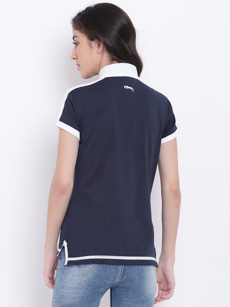 Women Navy Blue Casual Polo Collar T-Shirt - JUMP USA