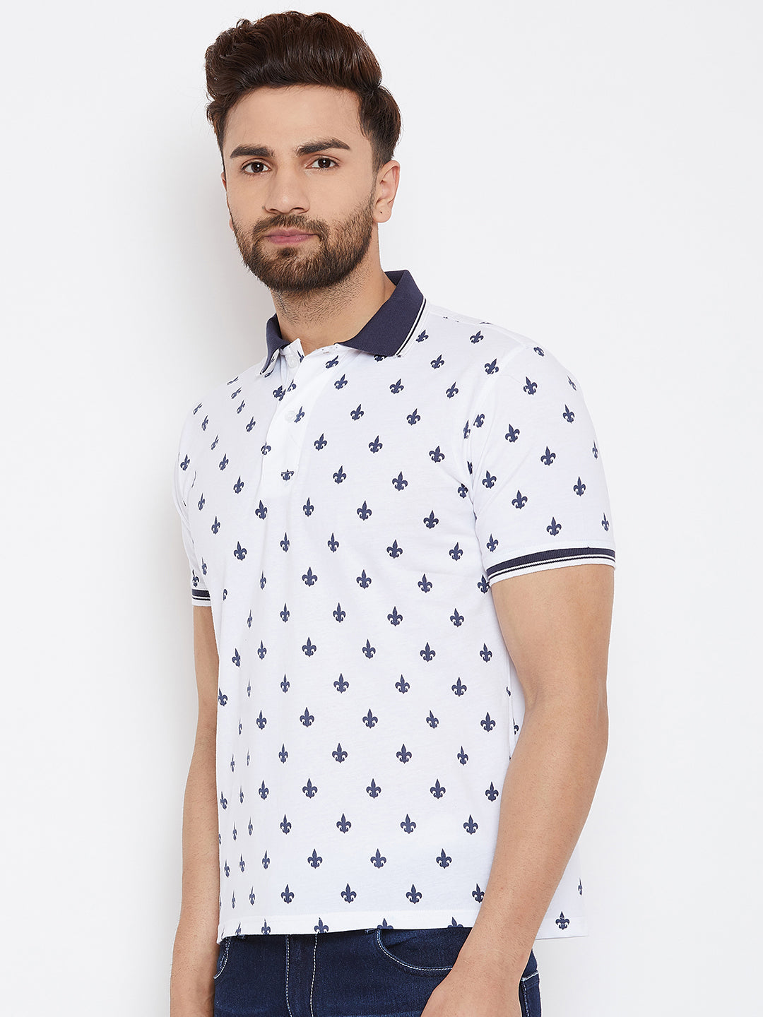 JUMP USA Men White Printed Polo Collar T-Shirt - JUMP USA