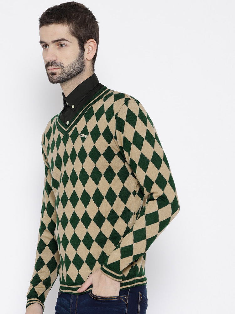 Men Green and Beige Colourblocked Pullover - JUMP USA
