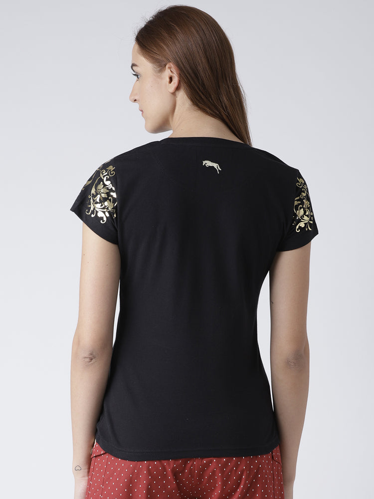 Women Solid Black T-Shirt - JUMP USA