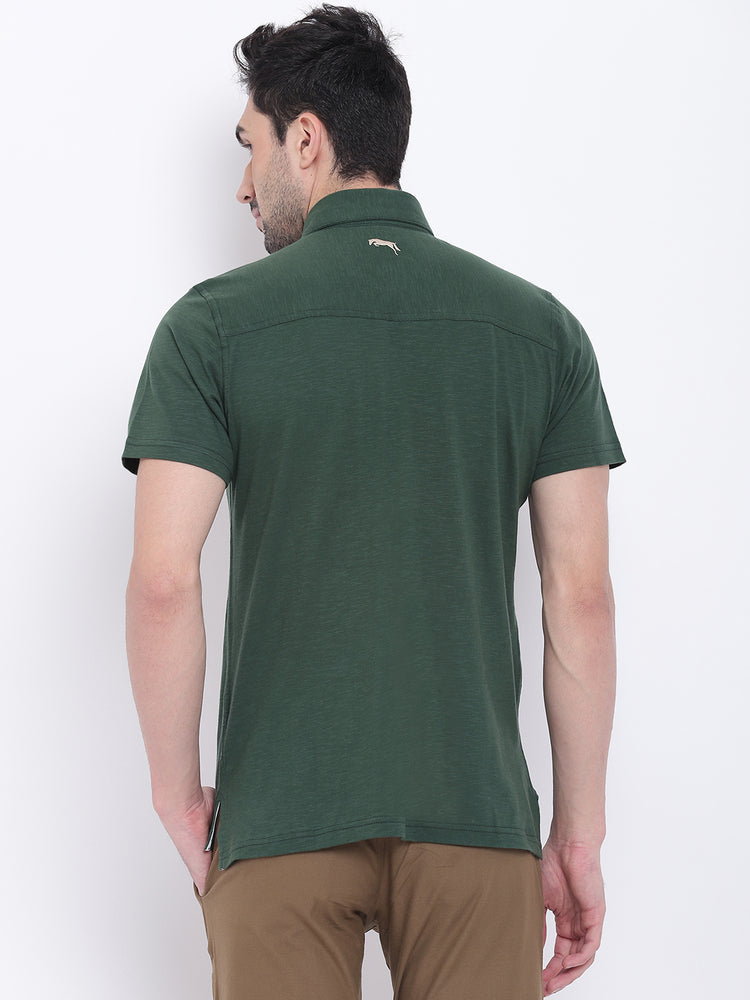 Men Casual Solid Green Polo Collar T-Shirt - JUMP USA