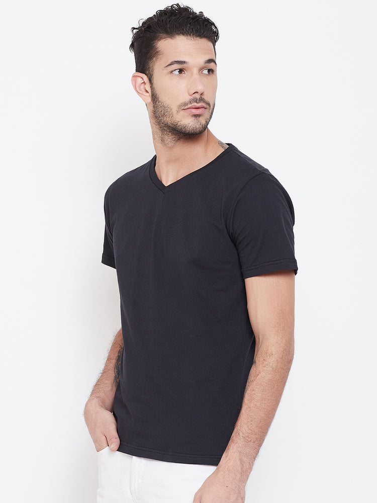 Men Black Solid V Neck T-shirt - JUMP USA