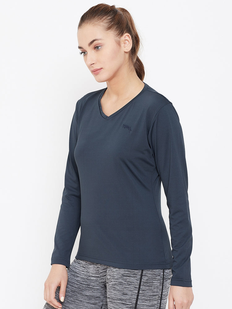 Women Navy Blue Active Wear V-Neck T-shirt - JUMP USA