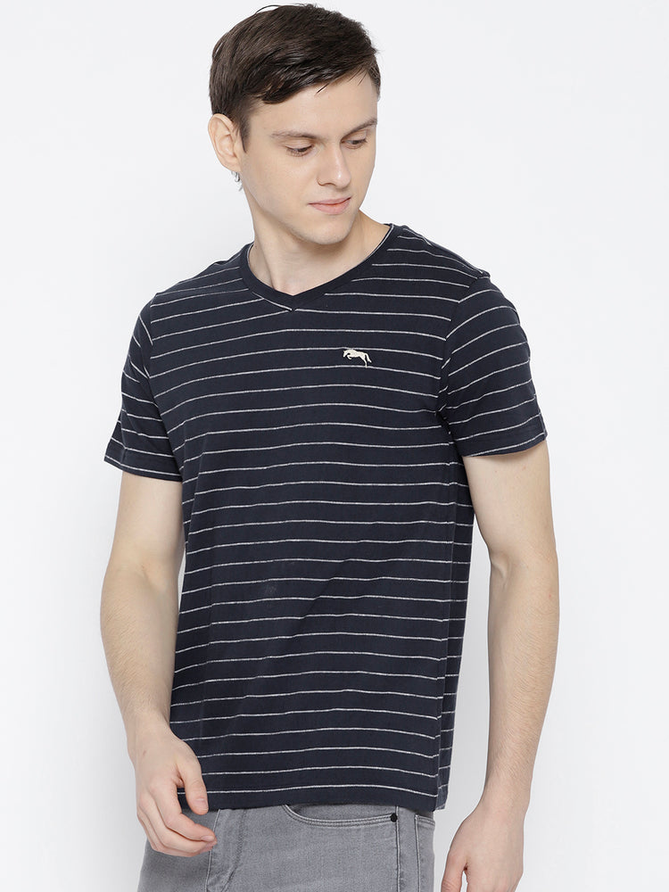 Men Navy Blue Striped V-Neck T-shirt - JUMP USA