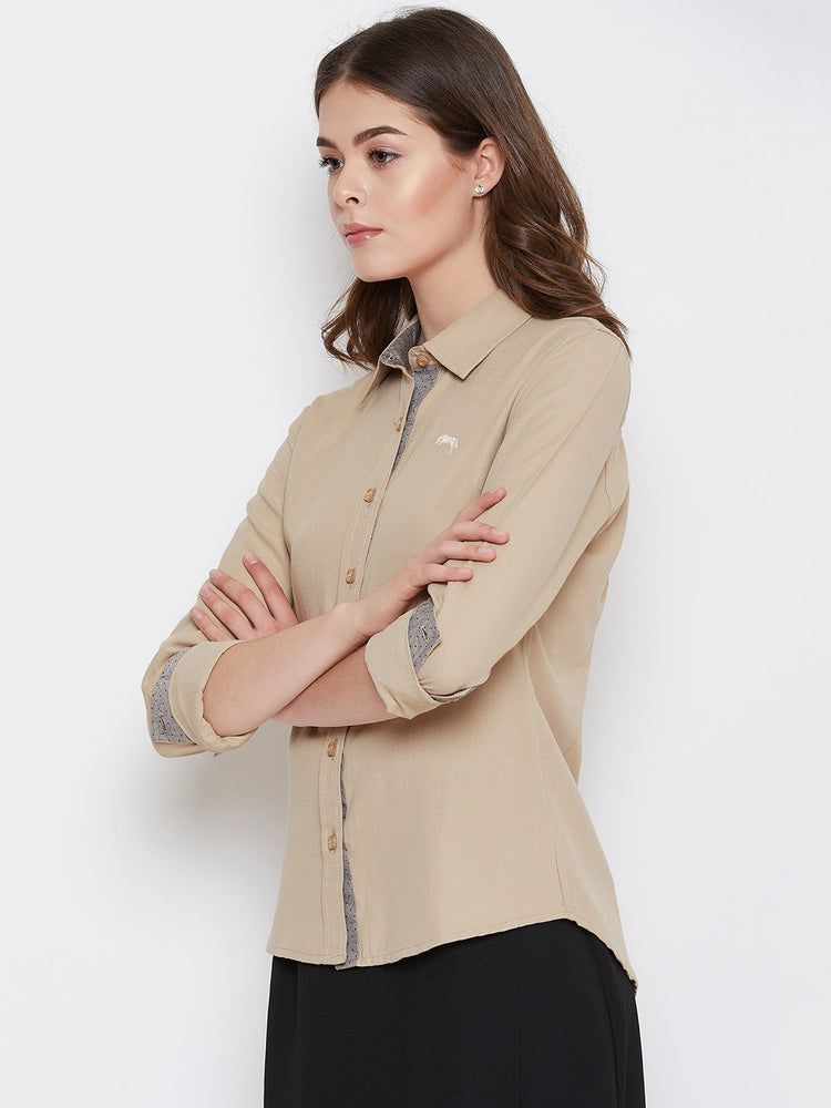 Women Beige Solid Casual Slim Fit Shirt - JUMP USA