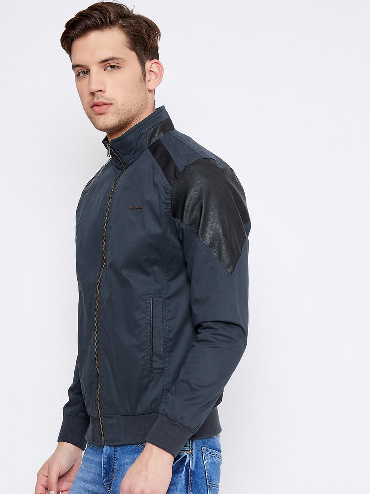 JUMP USA Men Navy Blue Solid Casual Bomber Jacket - JUMP USA