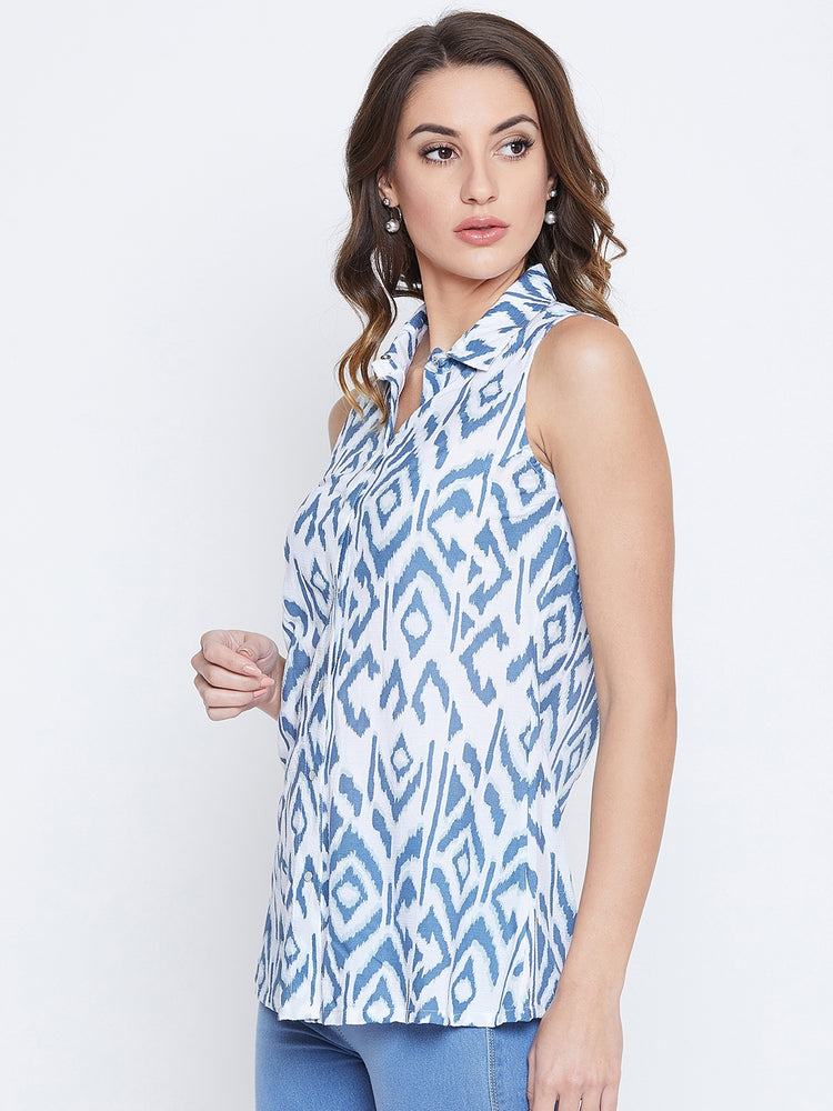 JUMP USA Women White & Blue Printed Casual Shirts - JUMP USA