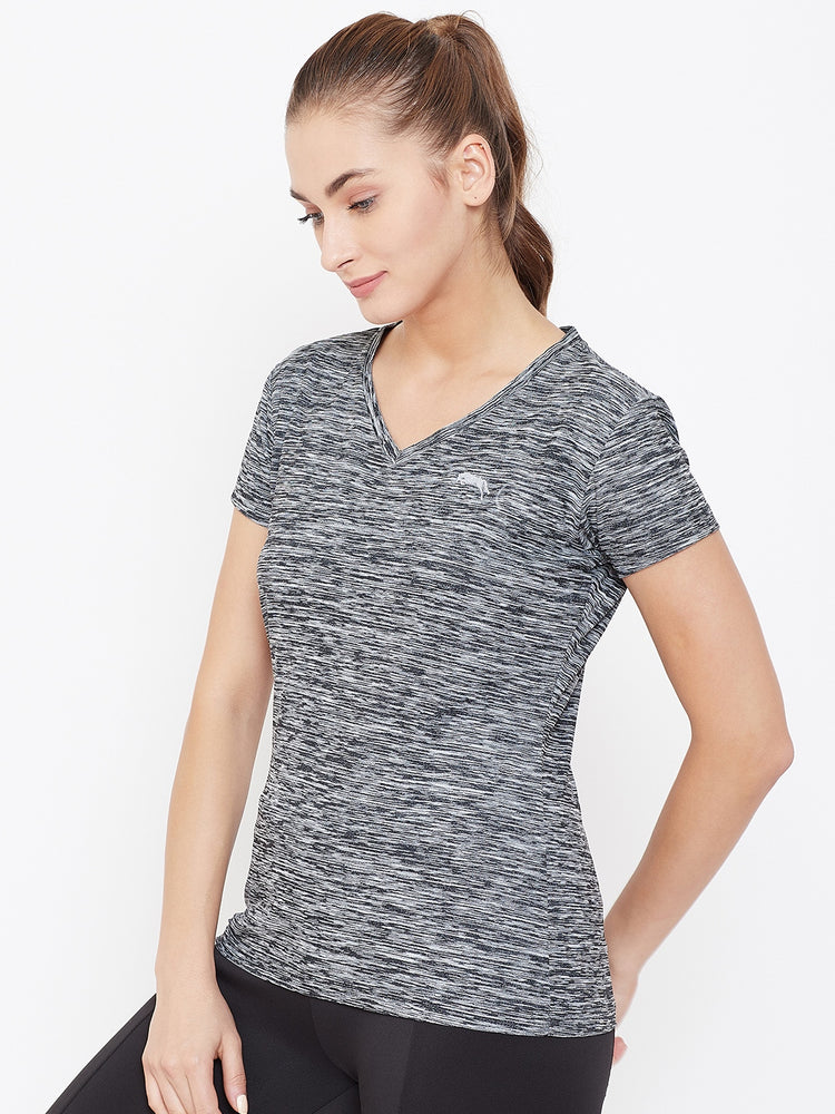 Women Black Solid Active Wear V Neck T-shirt - JUMP USA