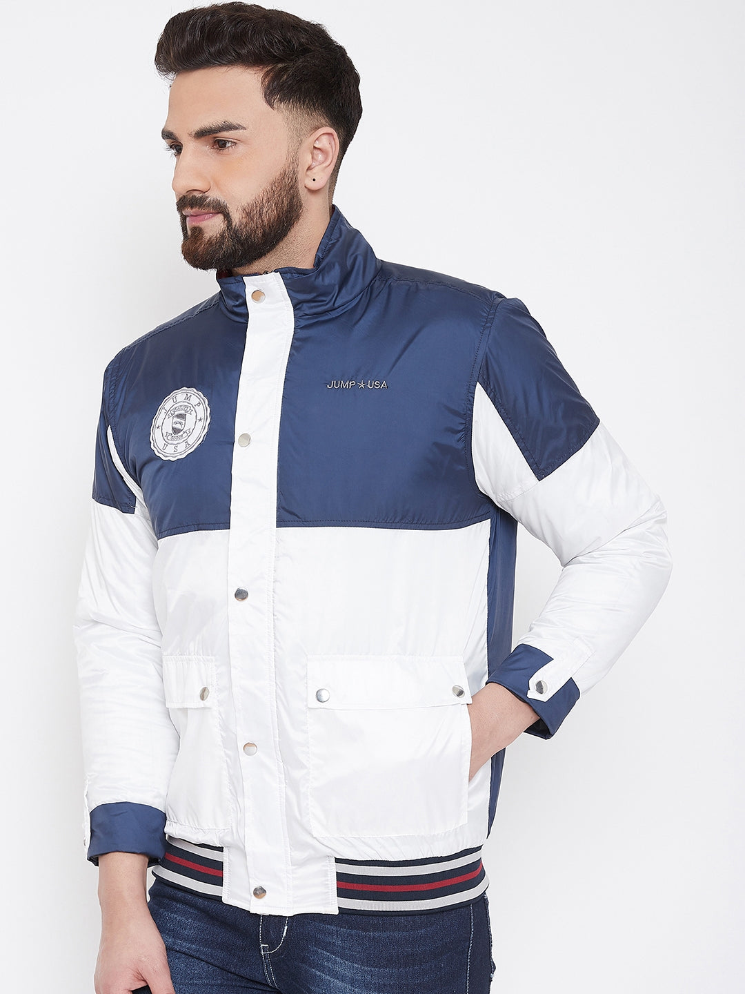 JUMP USA Men Navy Blue & White Colourblocked Casual Open Front Jacket - JUMP USA