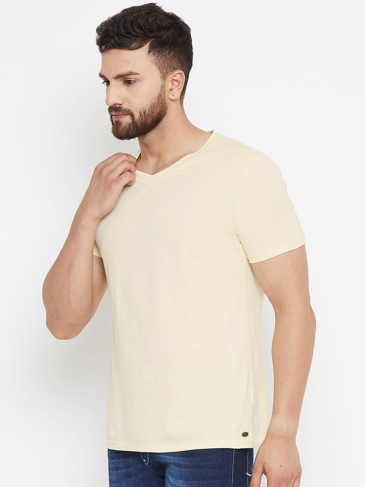 Men Beige Solid V Neck T-shirt - JUMP USA