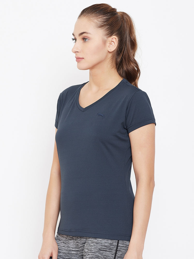 Women Navy Blue Active Wear V-neck T-shirt - JUMP USA