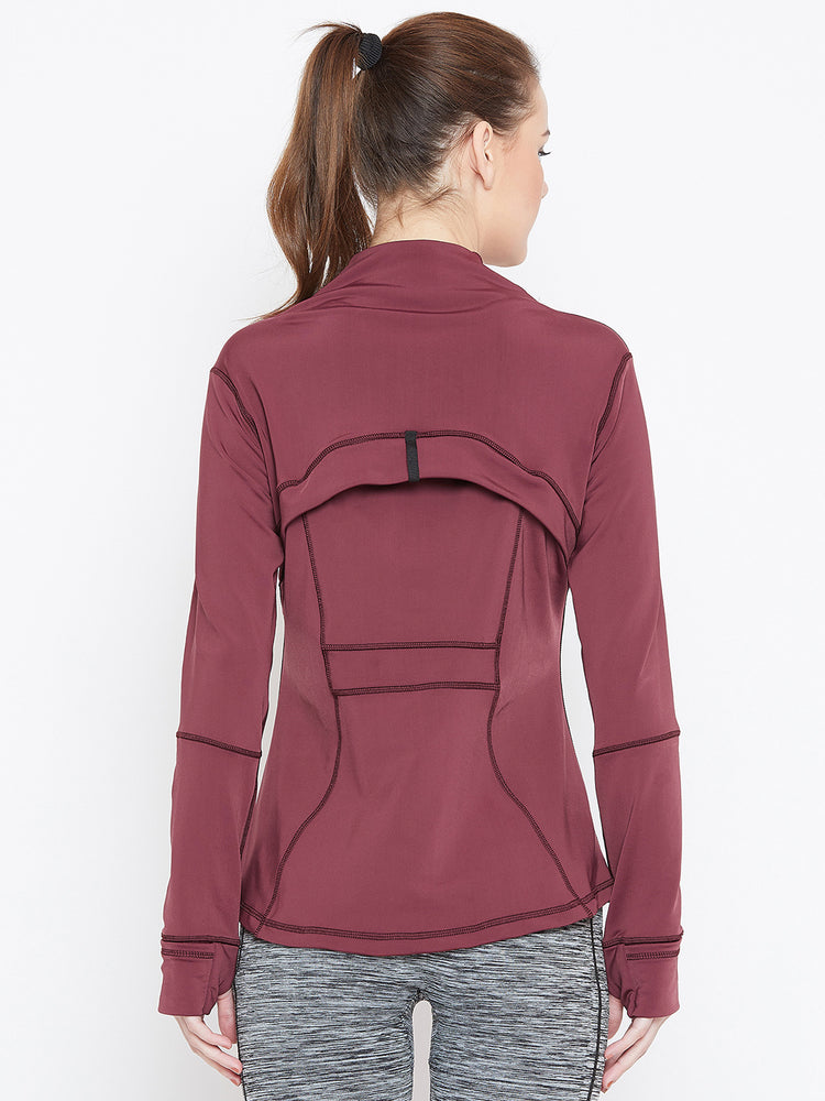 Women Maroon Solid Sporty Jacket - JUMP USA
