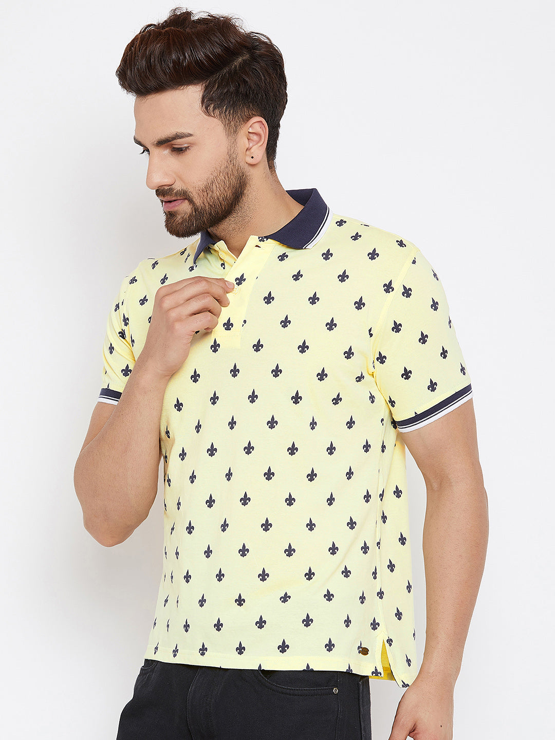 JUMP USA Men Yellow Printed Polo Collar T-Shirt - JUMP USA