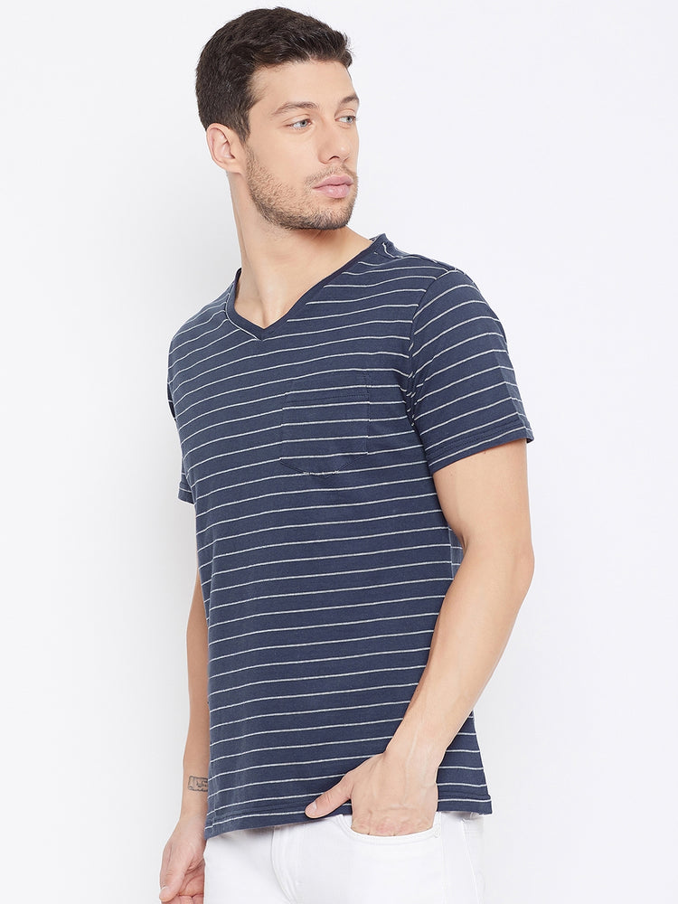 JUMP USA Men Navy Blue Striped V-neck T-shirt - JUMP USA