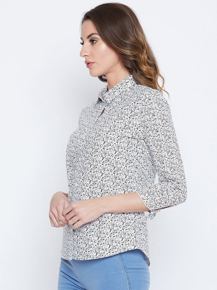JUMP USA Women White & Blue Printed Casual Shirts - JUMP USA