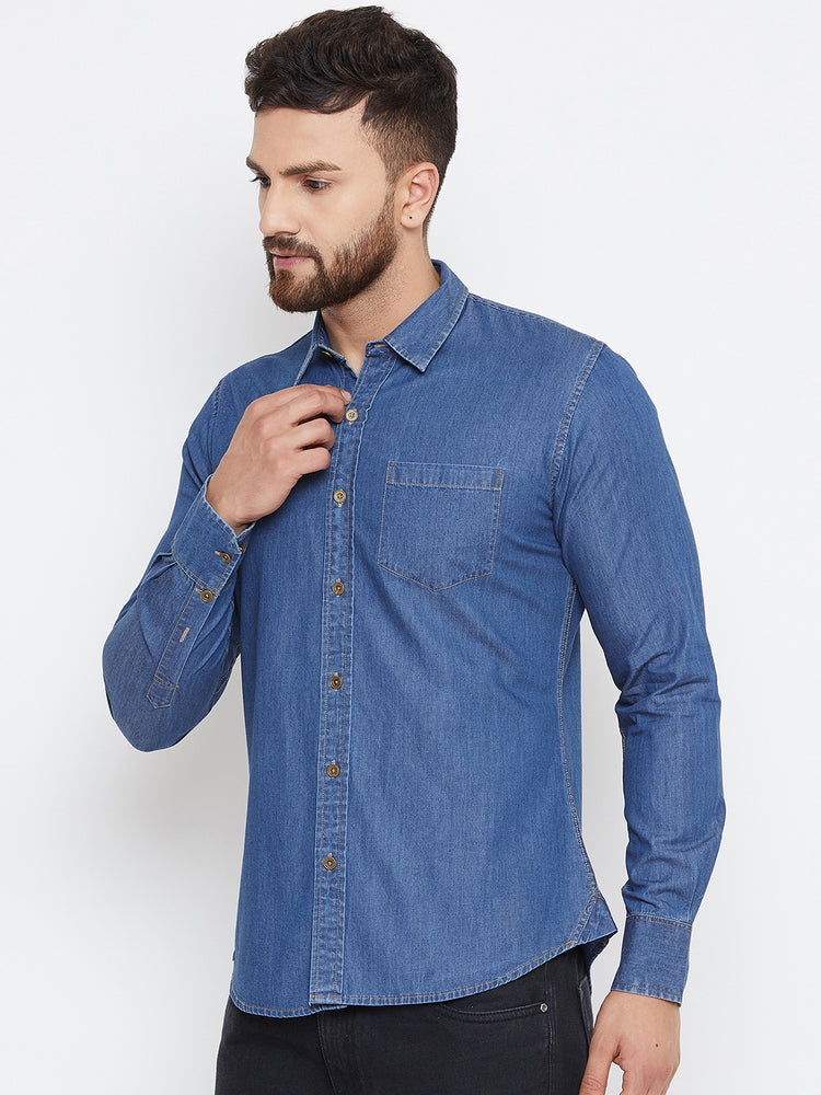 Men Dark Blue Washed Slim Fit Casual Shirt - JUMP USA