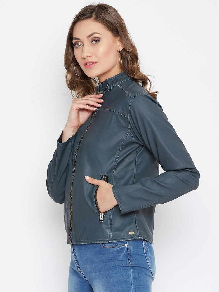 JUMP USA Women Olive Solid Casual Leather Jacket - JUMP USA