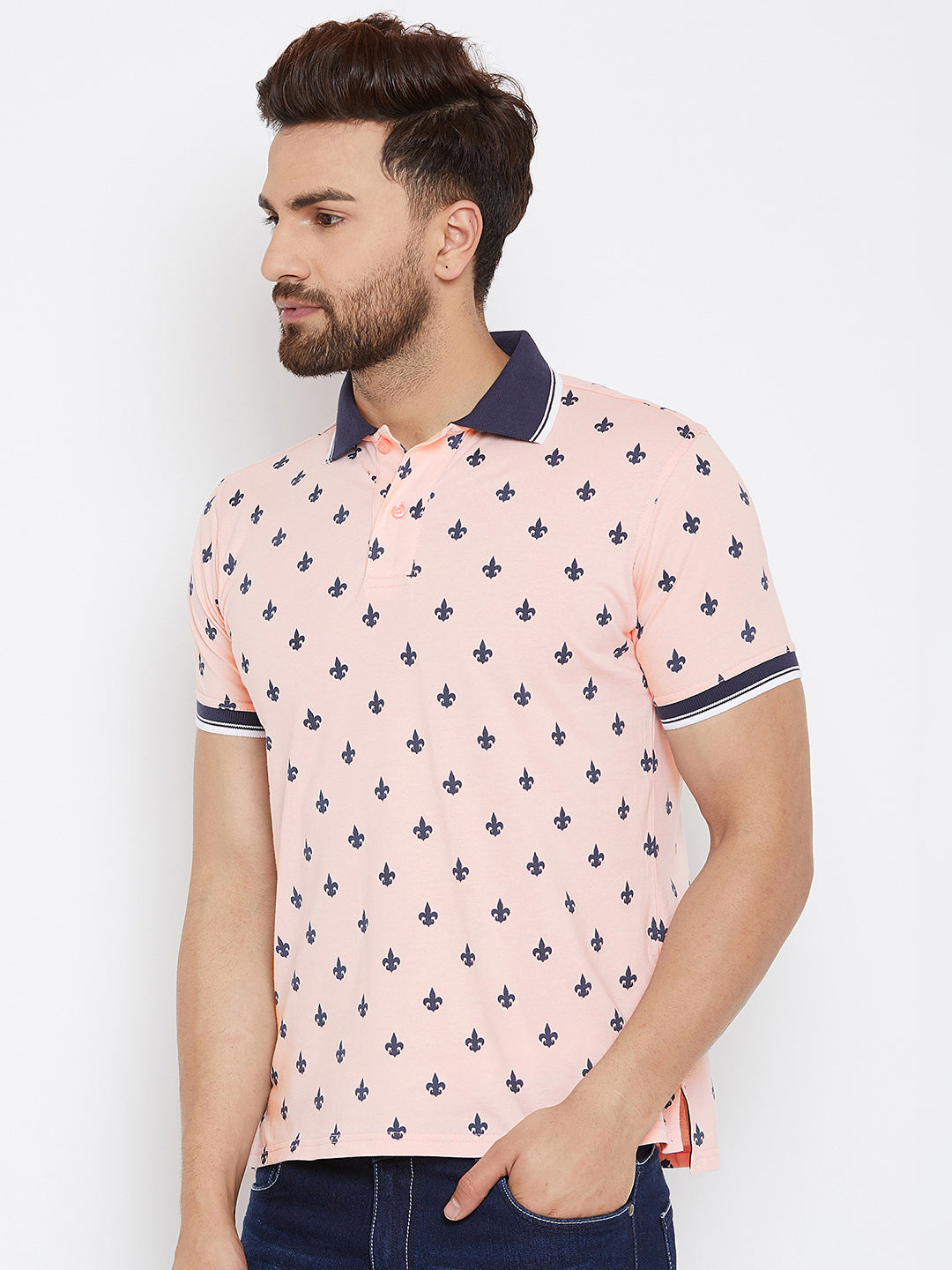 JUMP USA Men Pink Printed Polo Collar T-Shirt - JUMP USA
