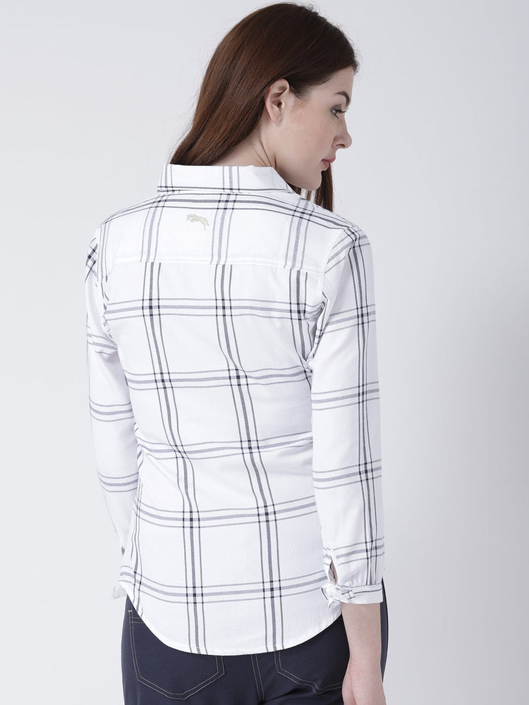 Women White & Navy Blue Slim Fit Checked Casual Shirt - JUMP USA