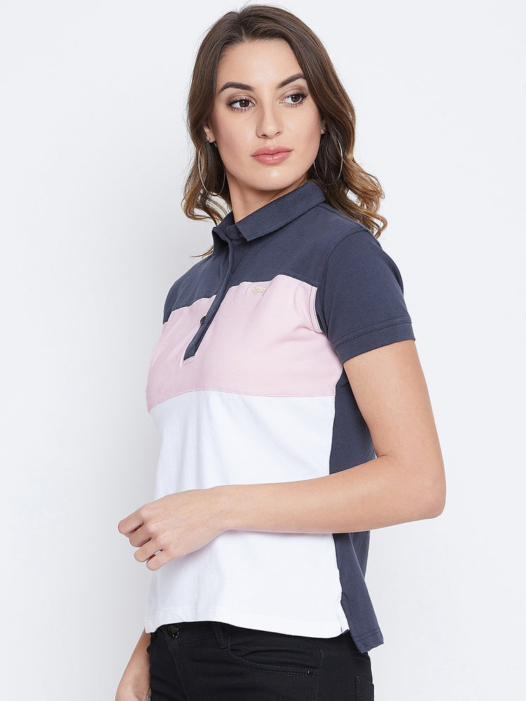 JUMP USA Women Navy Blue And Pink Colour blocked PoloT-Shirts - JUMP USA
