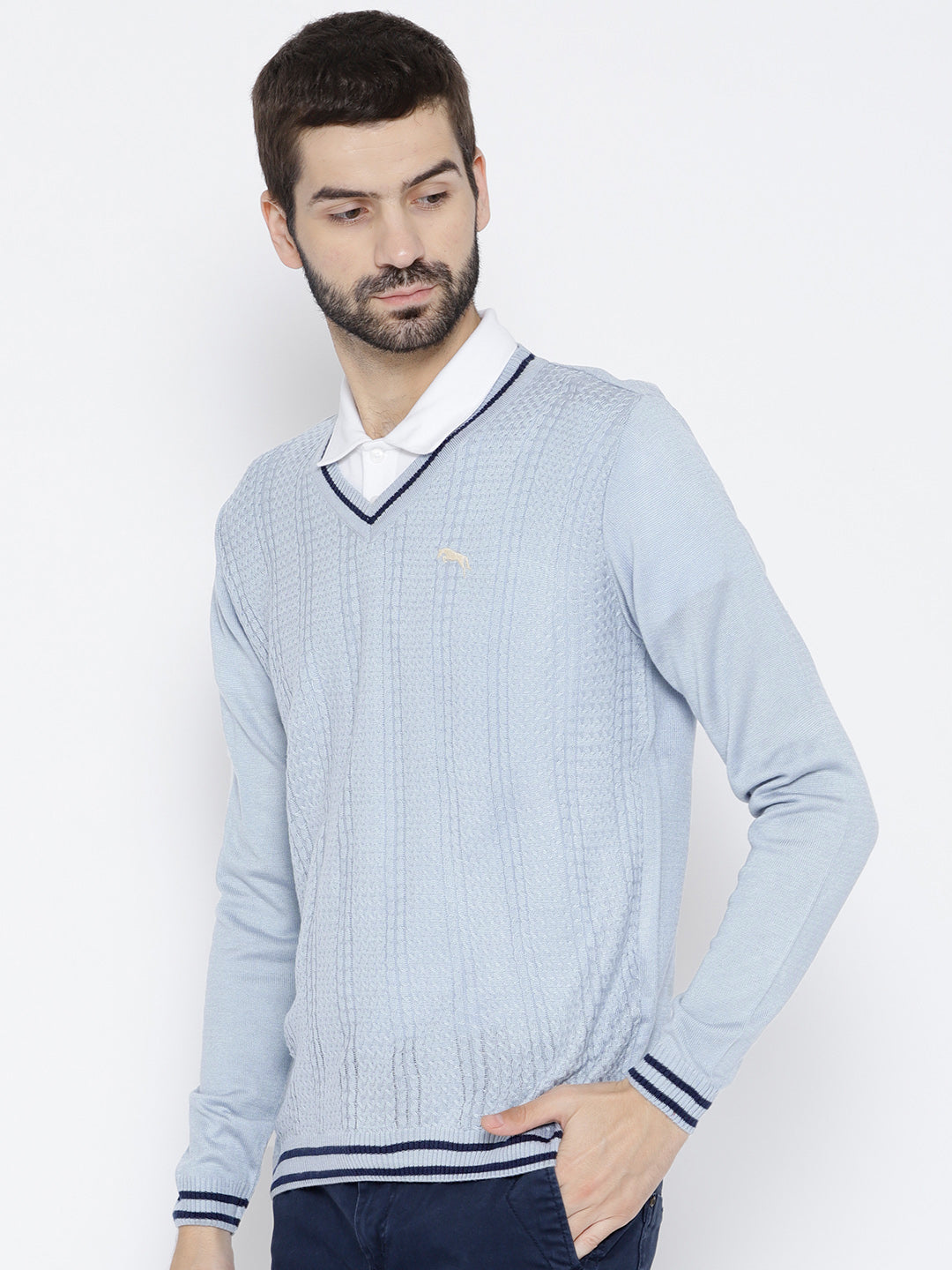 Men Blue Self Design Pullover - JUMP USA