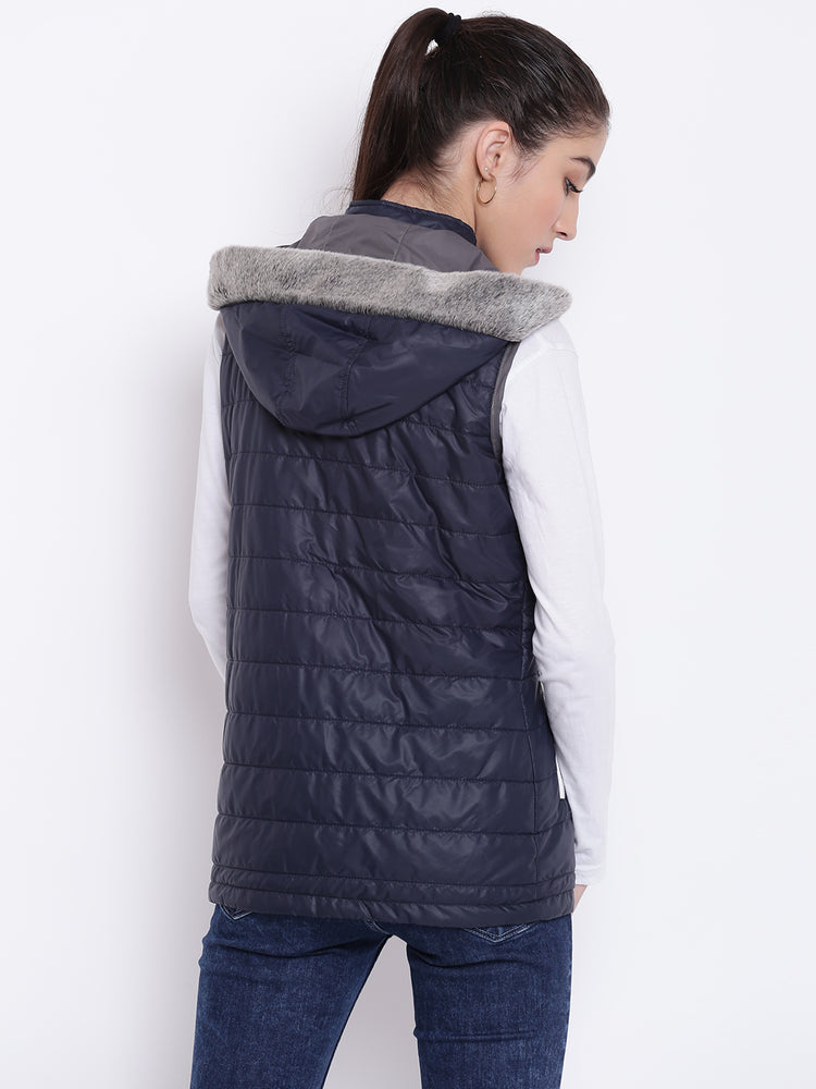 Women Navy Blue Casual Quilted Jacket - JUMP USA