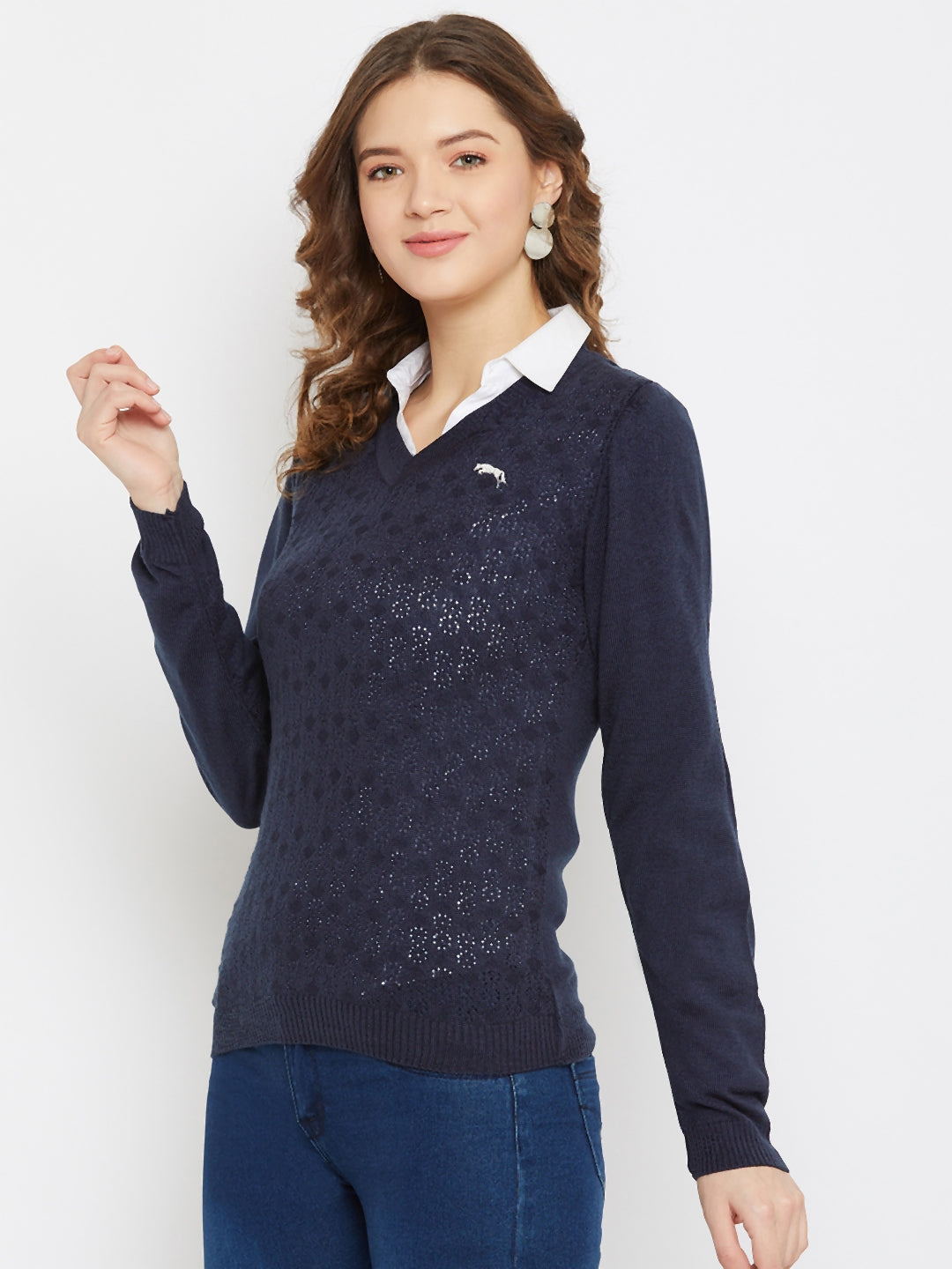 JUMP USA Women Navy Blue Self Design Sweater