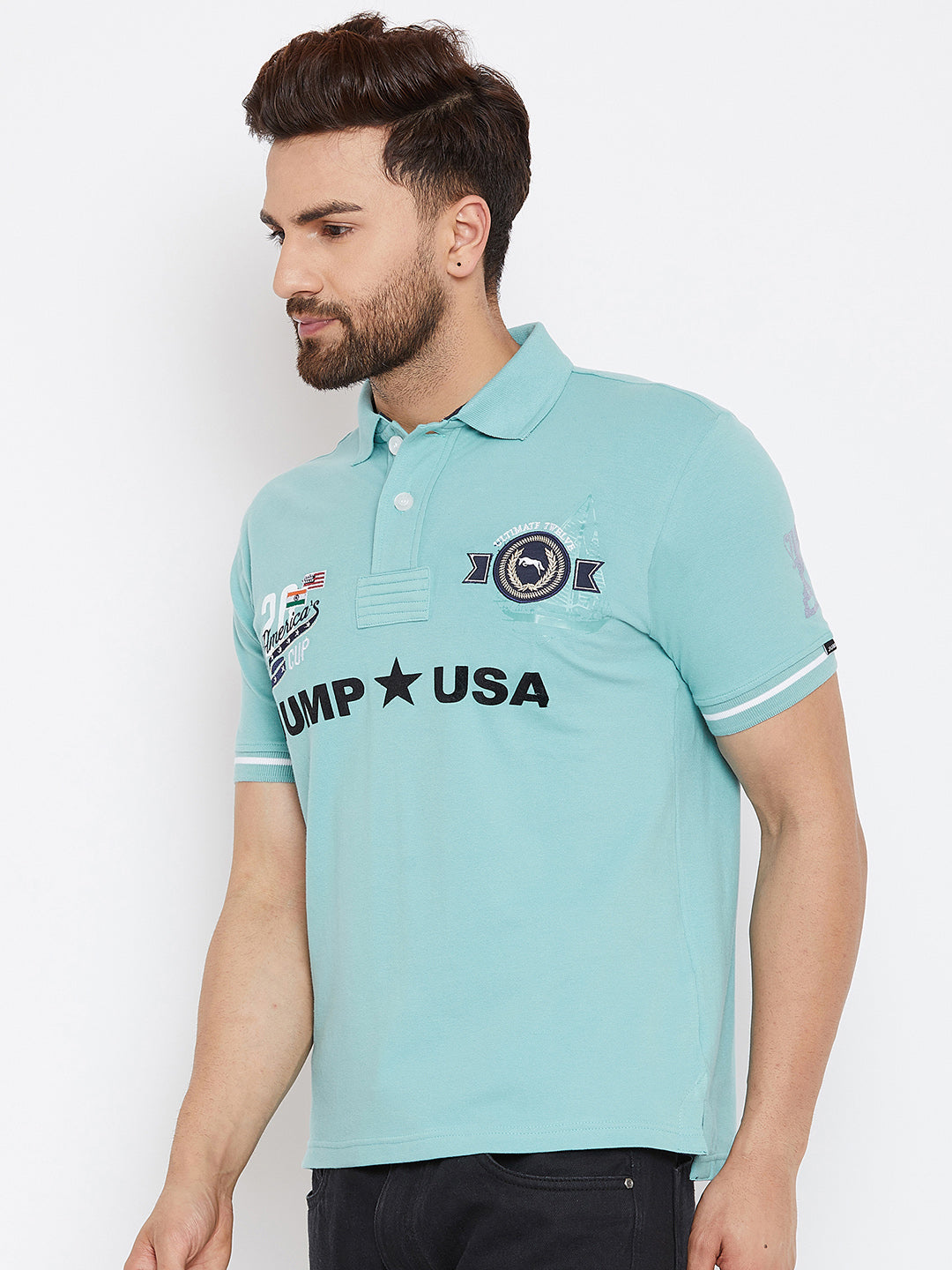 JUMP USA Men Blue Printed Polo Collar T-Shirt - JUMP USA
