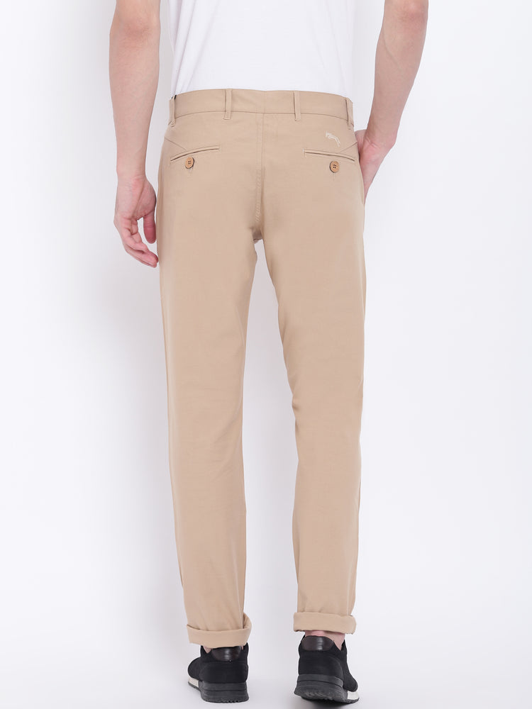 Men Casual Solid Beige Chinos - JUMP USA