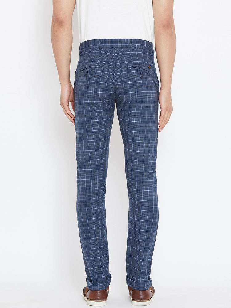 Men Blue Relaxed Fit Casual Checked Chinos - JUMP USA