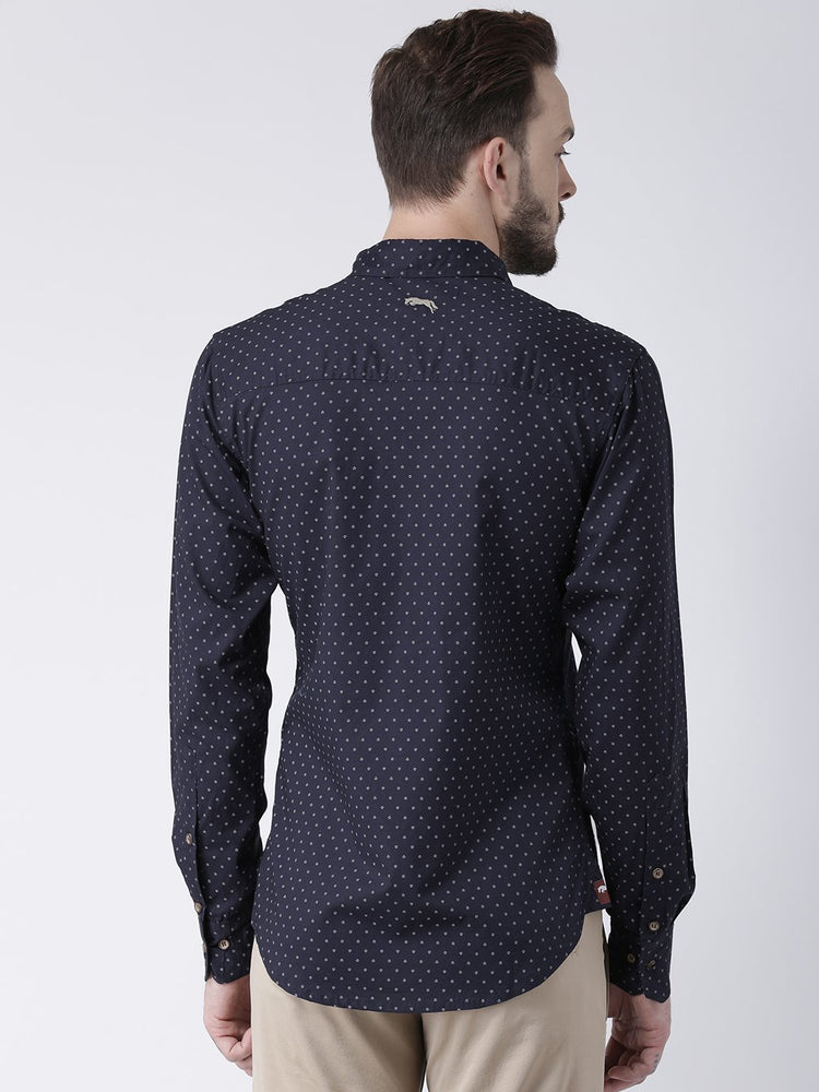 Men Navy Blue Printed Cotton Slim Fit Shirt - JUMP USA
